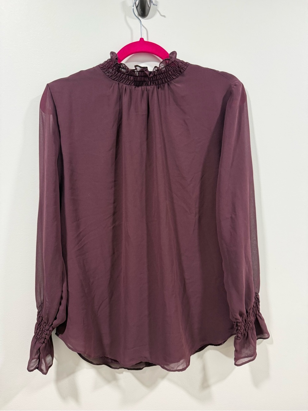 Ann Taylor Plum Smocked Ruffle Neck Long-Sleeve Blouse